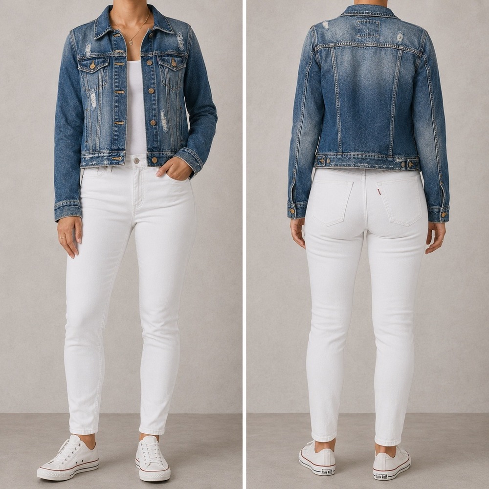 SO Denim Jacket Womens XS Medium Wash Distressed Button Front Trucker Jean